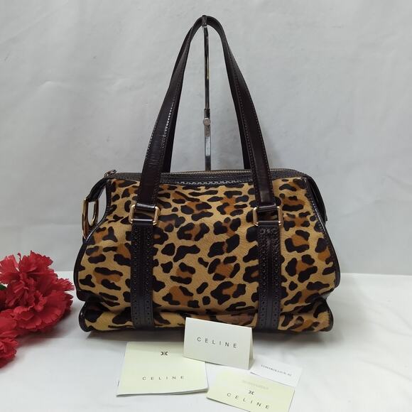 Celine Brown Leather Leopard Print Pony Hair Top Handle Satchel Shoulder Bag - Picture 1 of 16